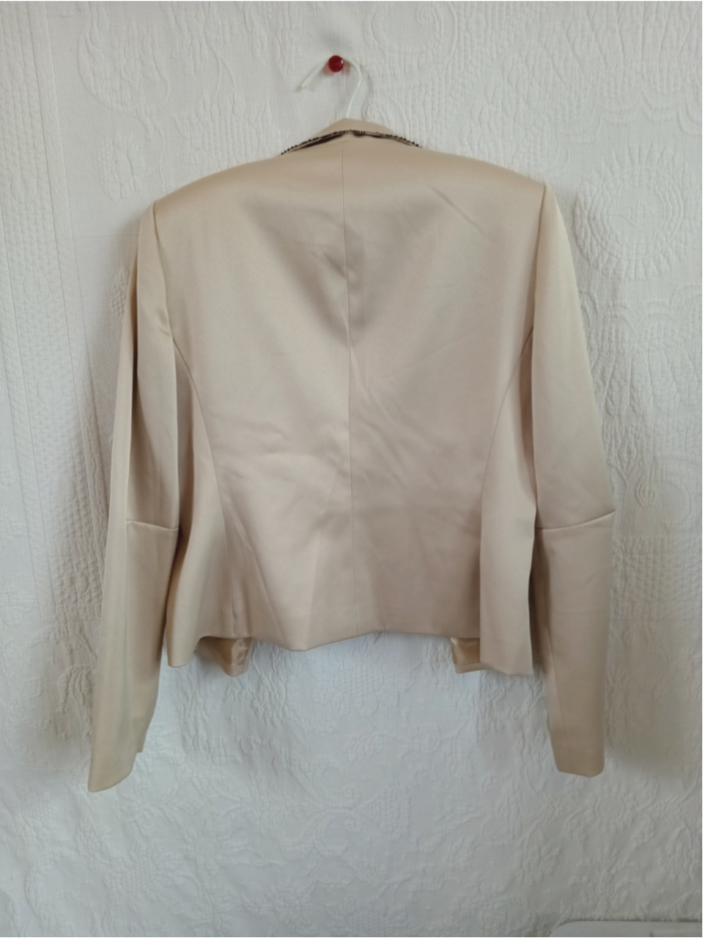90s Sandra Darren Satin Blazer Size 8 Beige Black Trim Jacket Elegant Neutral - Picture 10 of 11
